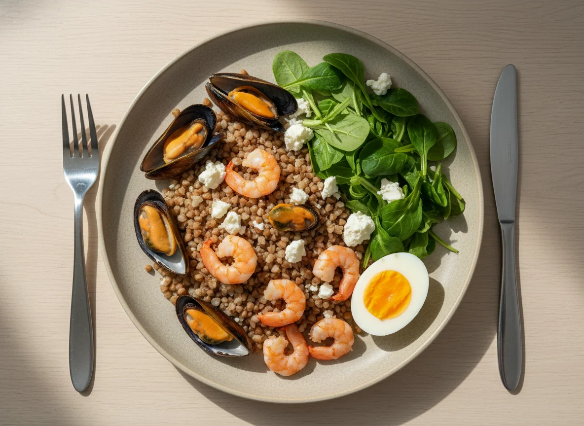 Гречка с морепродуктами, яйцом, сыром и салатом photo
