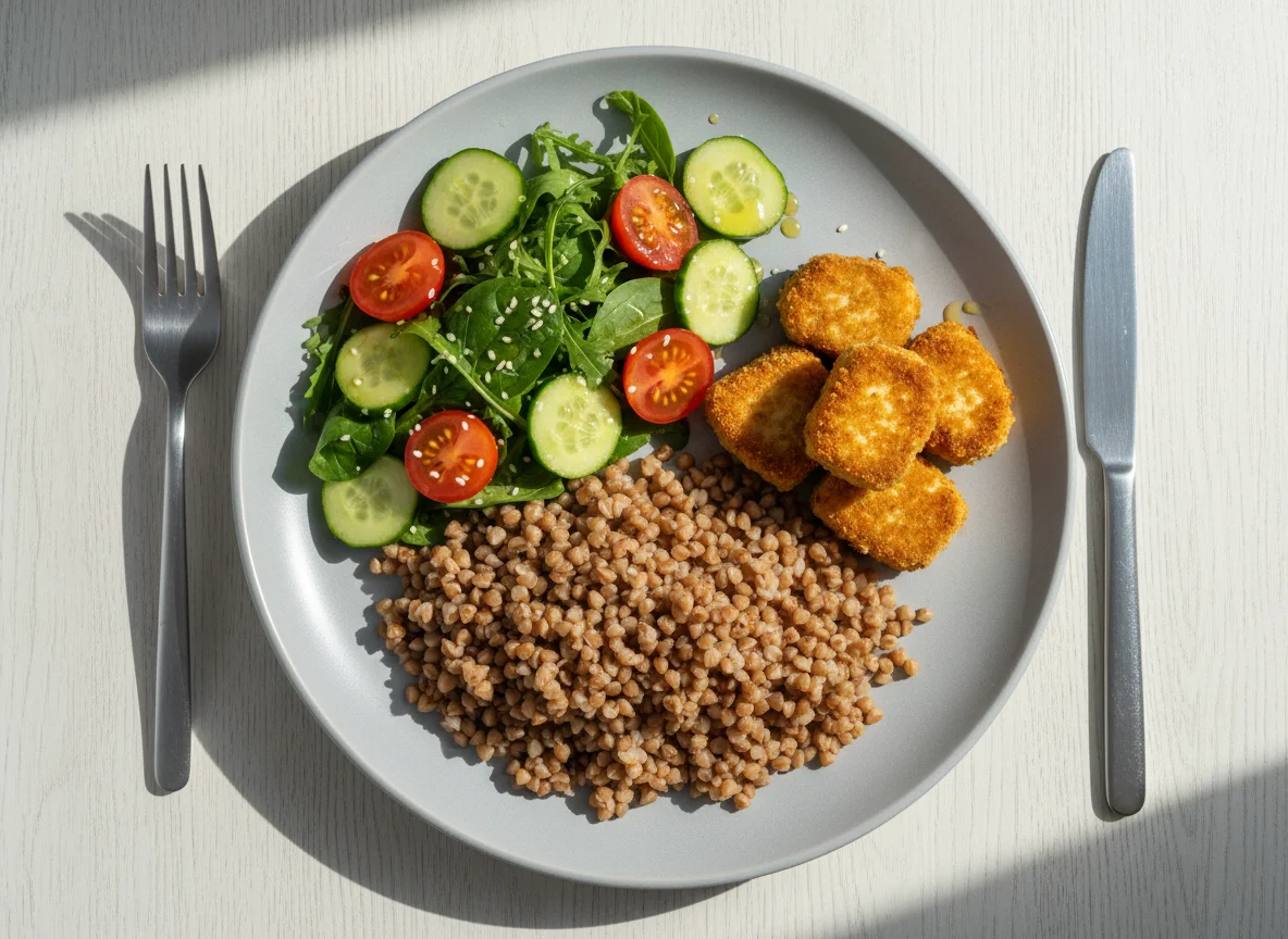 Гречка с нагетсами из тофу и овощным салатом photo