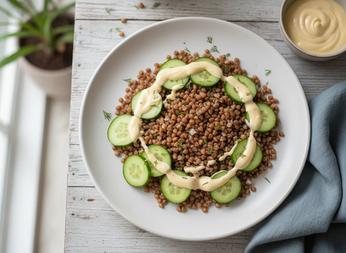 Гречка с огурцами и соусом photo