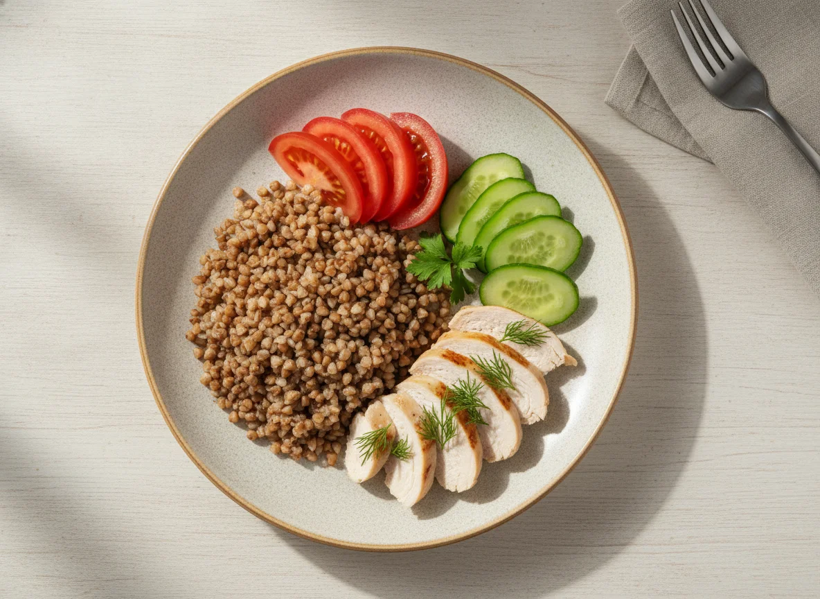Гречка с отварной курицей и овощами photo