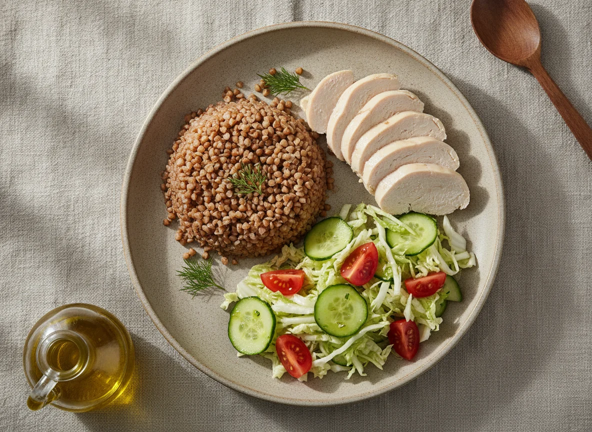 Гречка с отварной курицей и овощным салатом photo