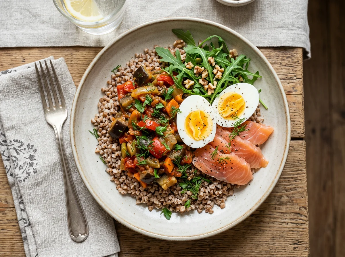 Гречка с овощами, яйцами и лососем photo