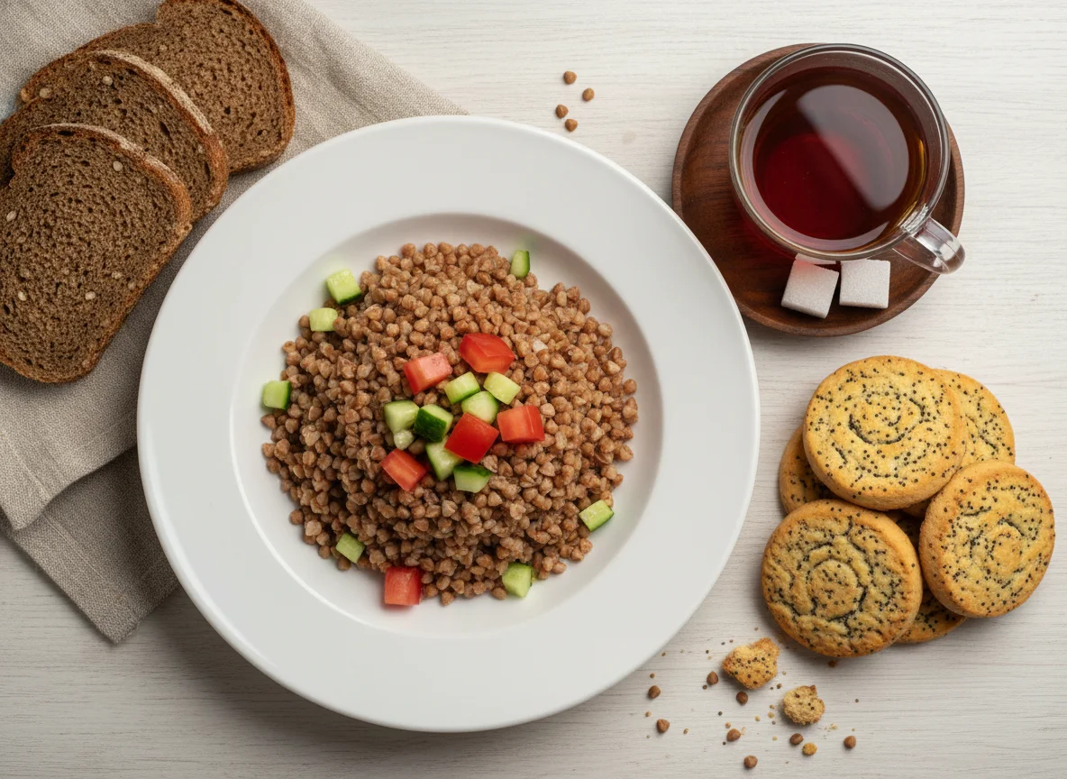 Гречка с овощами, хлебом, печеньем и чаем photo