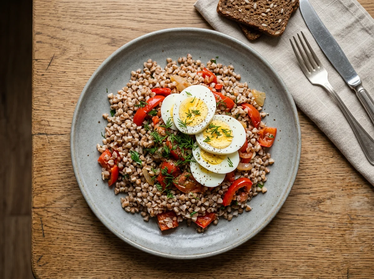 Гречка с овощами и яйцом photo