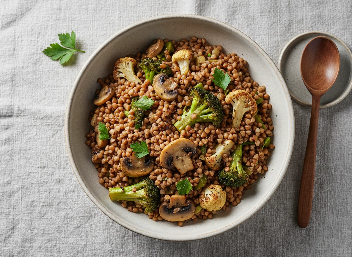 Гречка с овощами и грибами photo