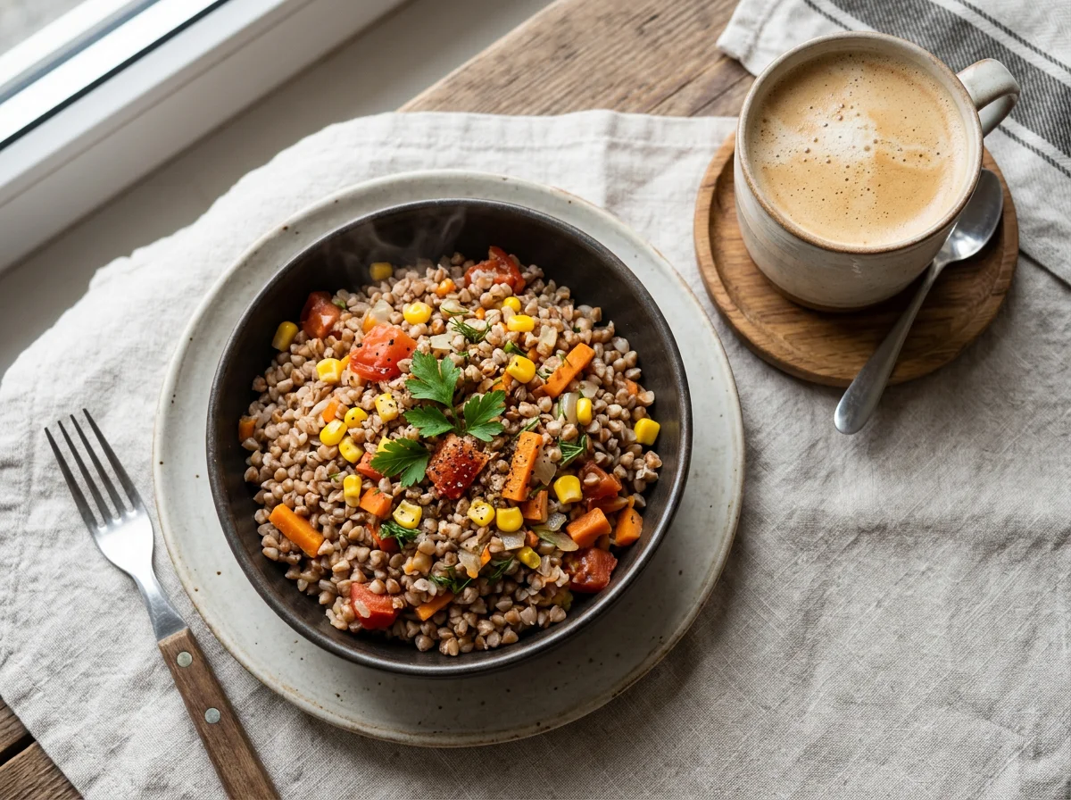 Гречка с овощами и кофе photo