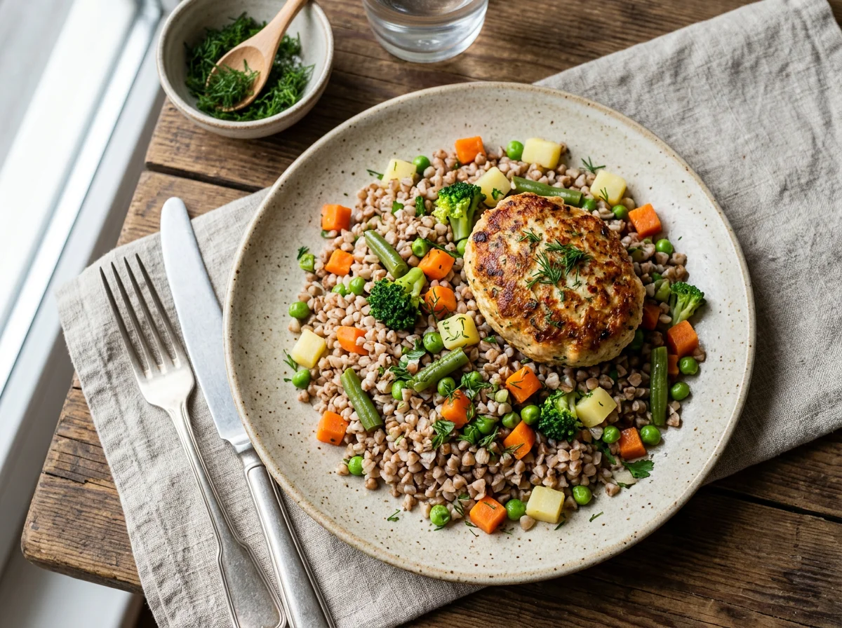 Гречка с овощами и котлетой photo