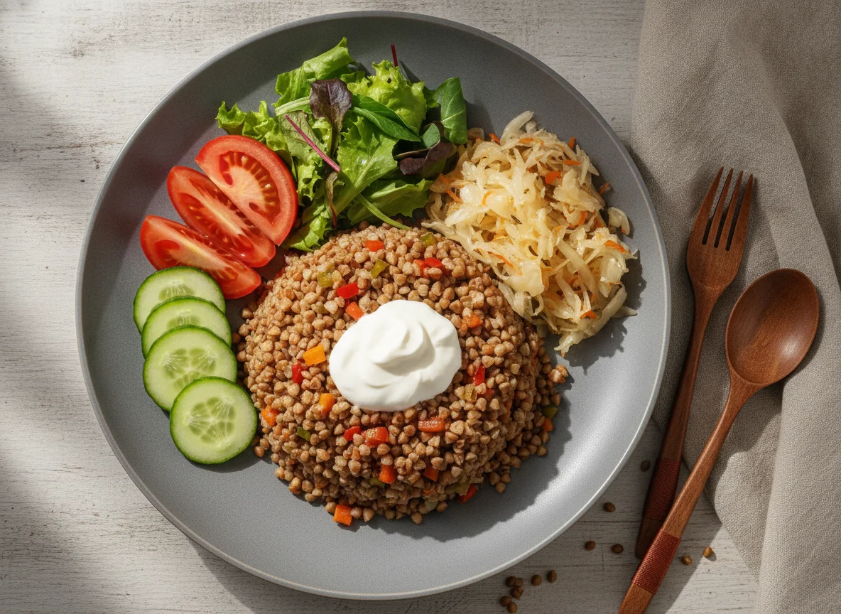 Гречка с овощами и квашеной капустой photo
