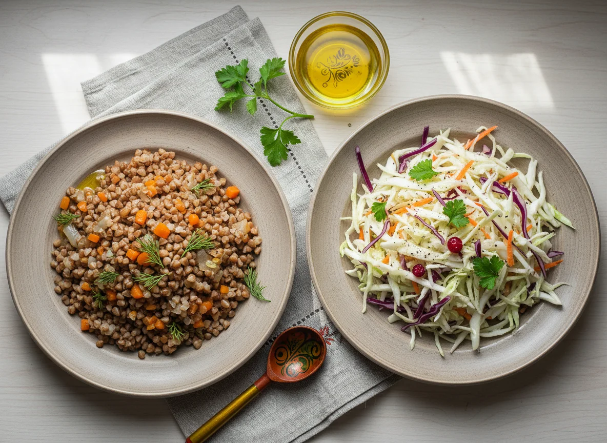 Гречка с овощами и салат из капусты photo