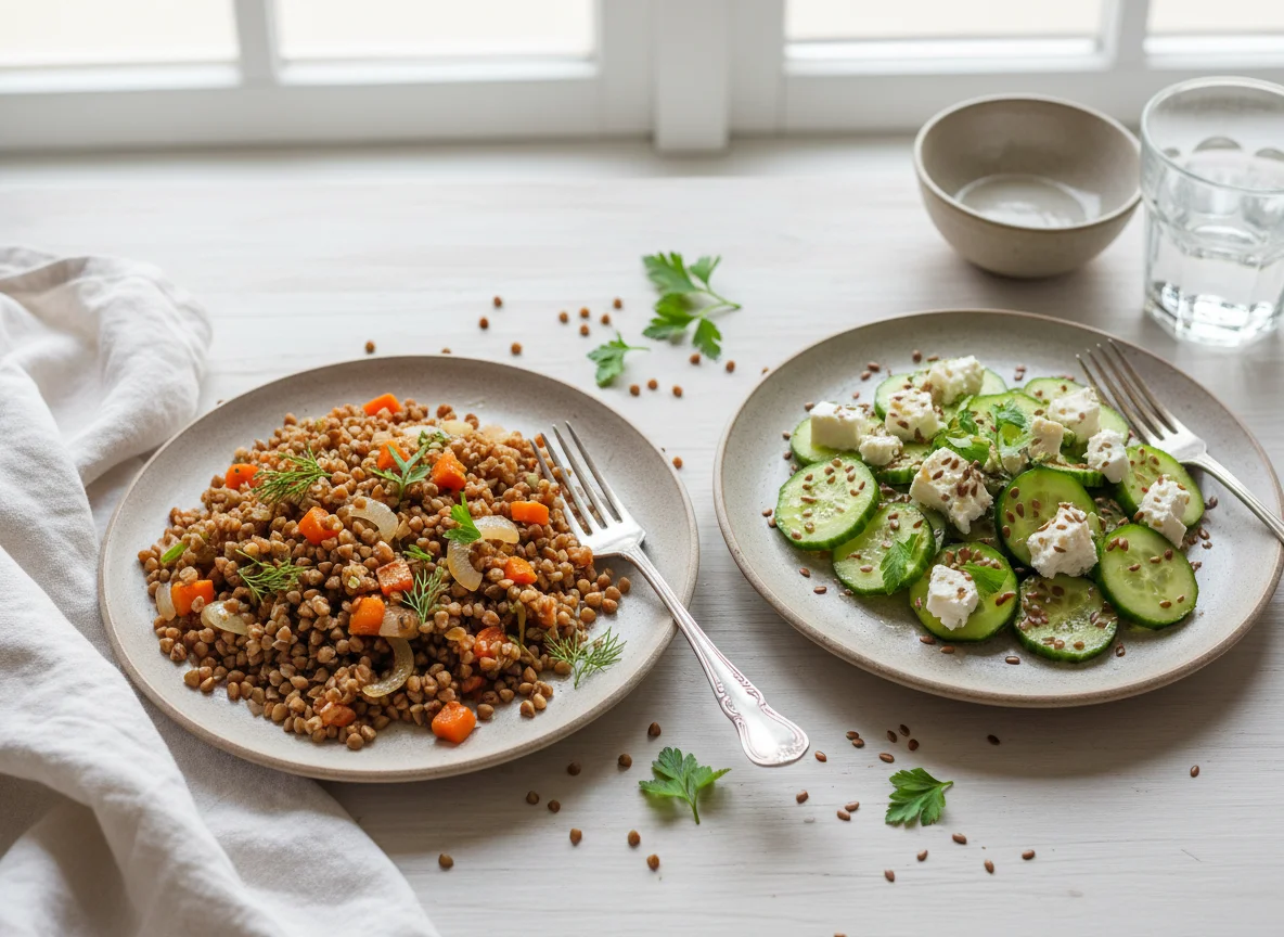Гречка с овощами и салат из огурцов с сыром photo