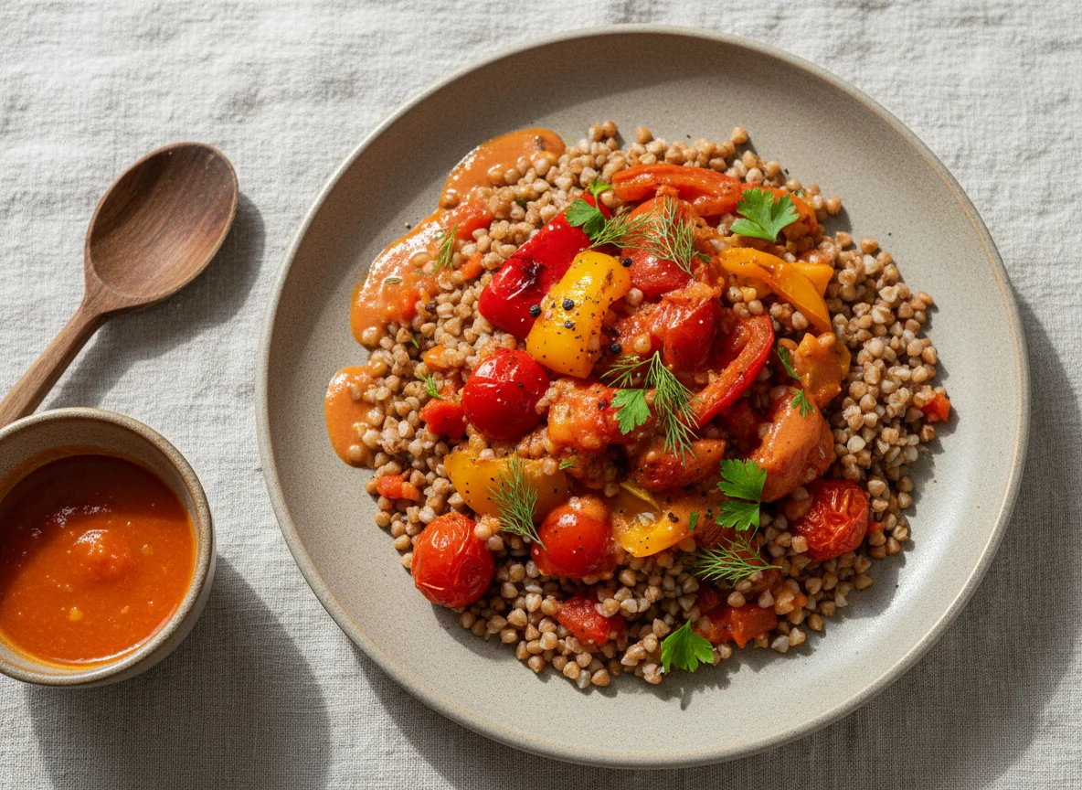Гречка с овощами и соусом photo