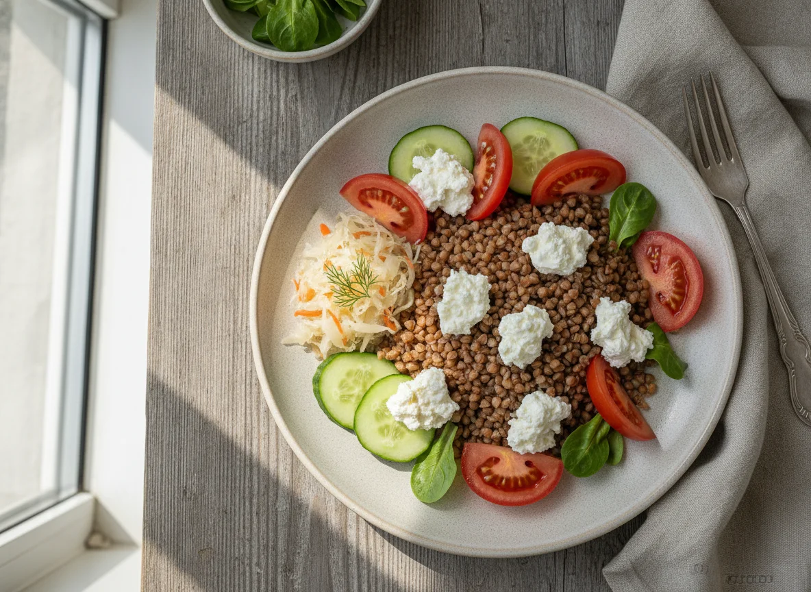 Гречка с овощами и творожным сыром photo