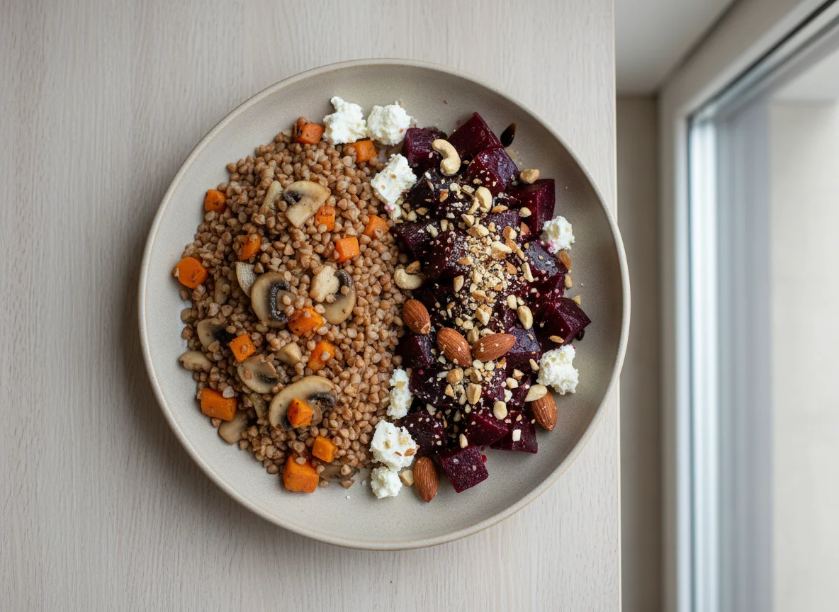 Гречка с овощами, свекла с орехами и сыр фета photo