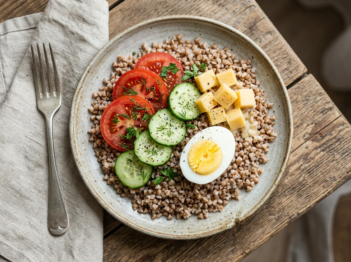 Гречка с овощами, сыром и яйцом photo