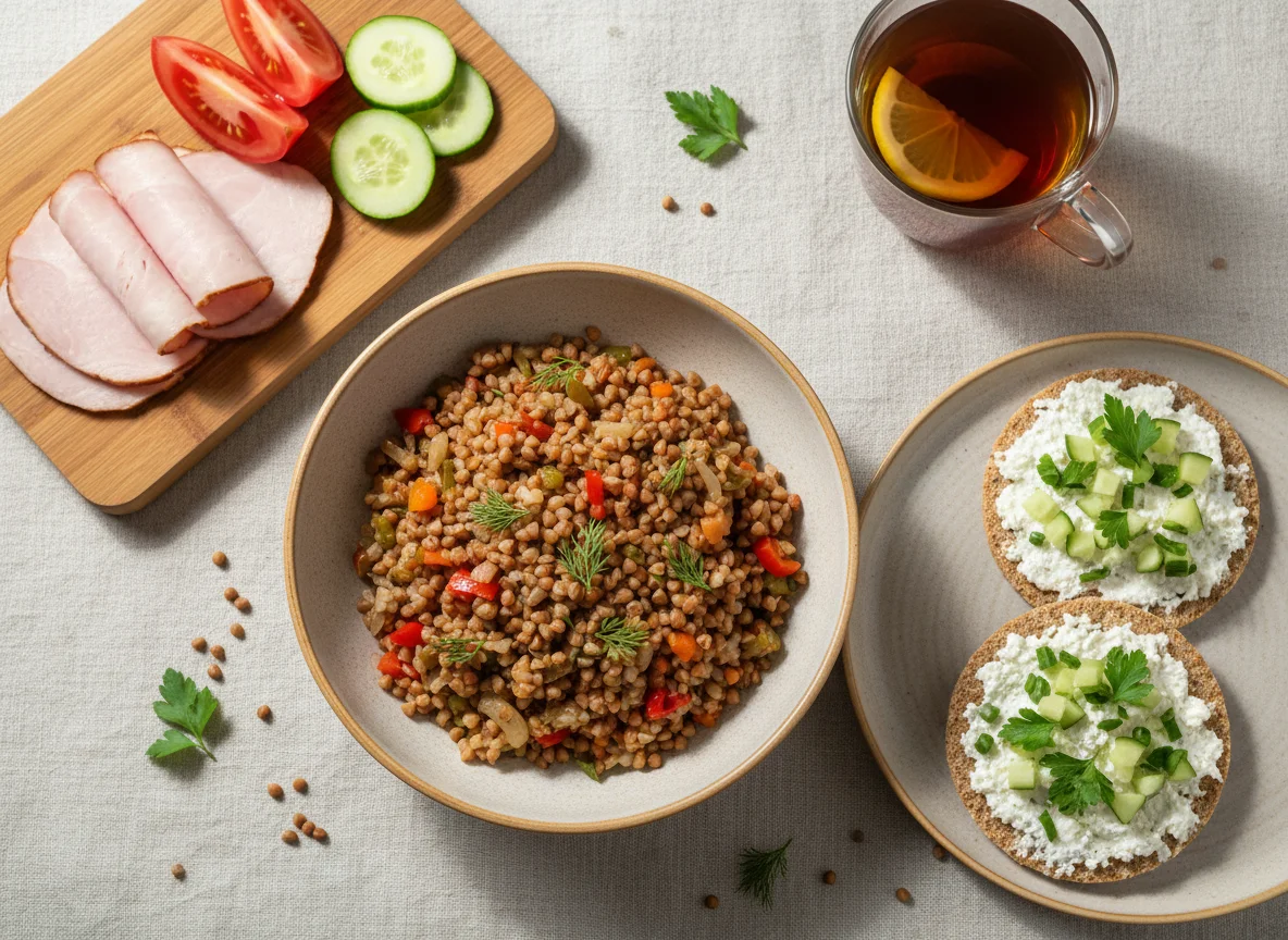 Гречка с овощами, ветчина, хлебцы с сыром и овощами, чай photo