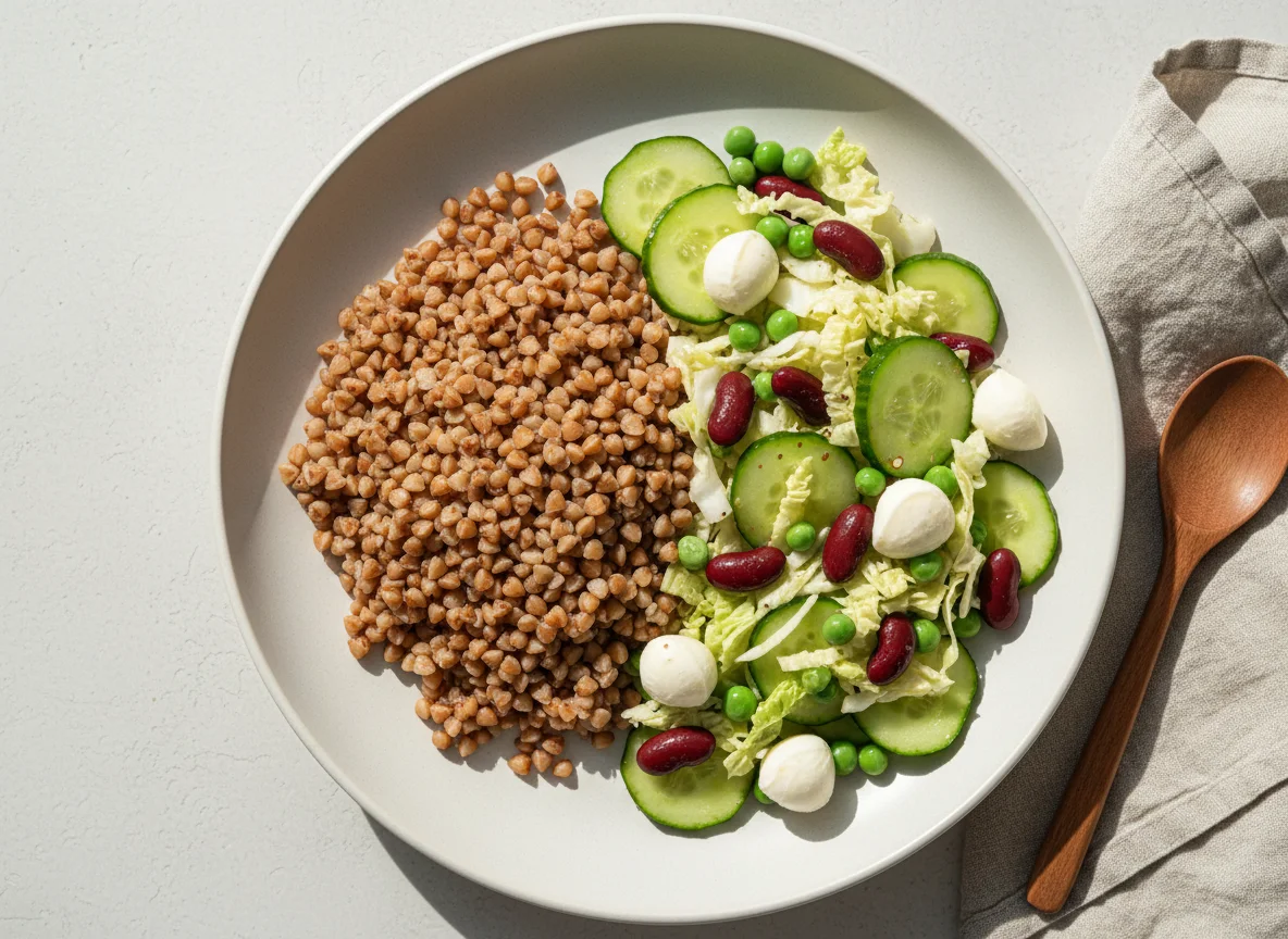 Гречка с овощным салатом и фасолью photo