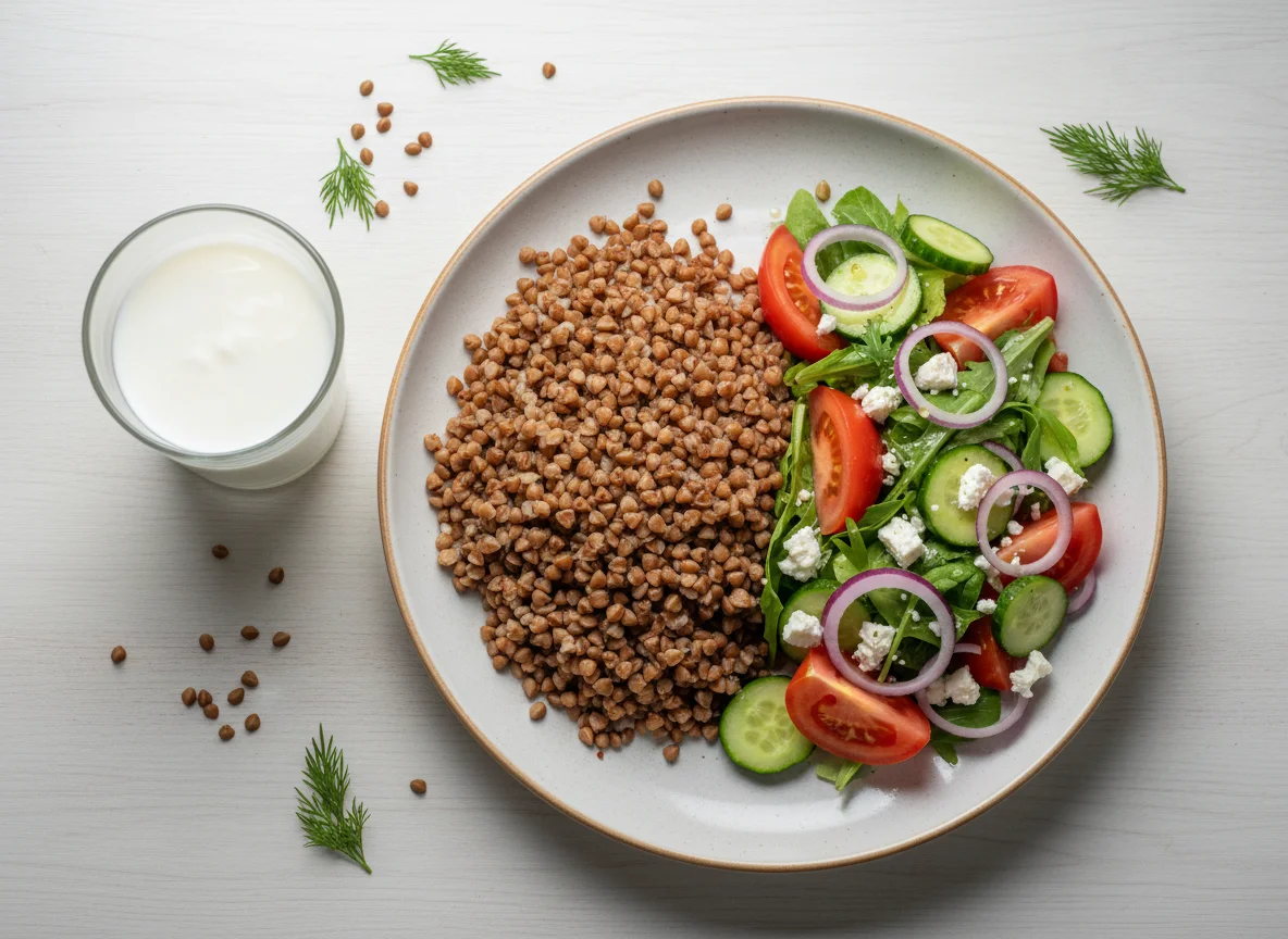 Гречка с овощным салатом и кефиром photo