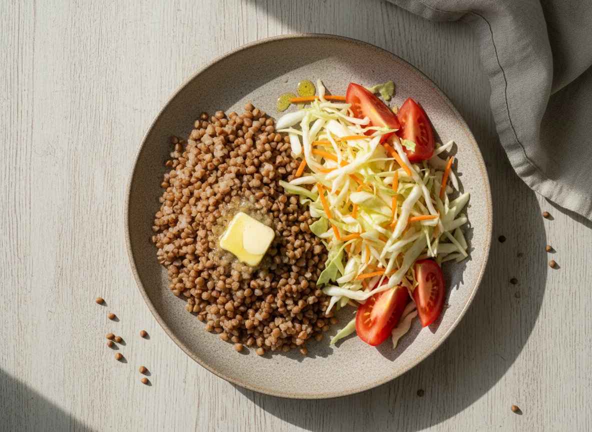 Гречка с овощным салатом и маслом photo