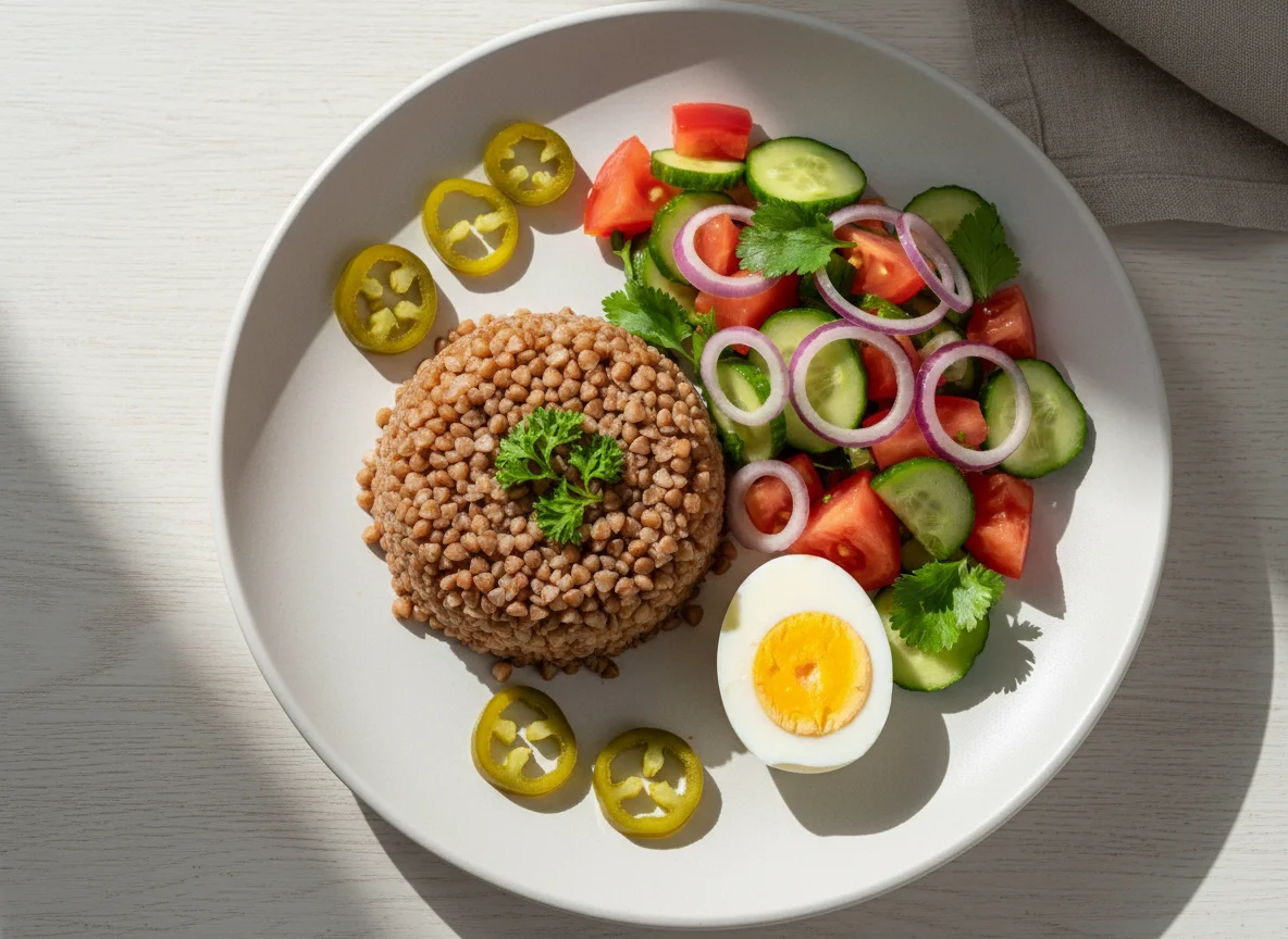 Гречка с овощным салатом, маринованными перцами и яйцом photo