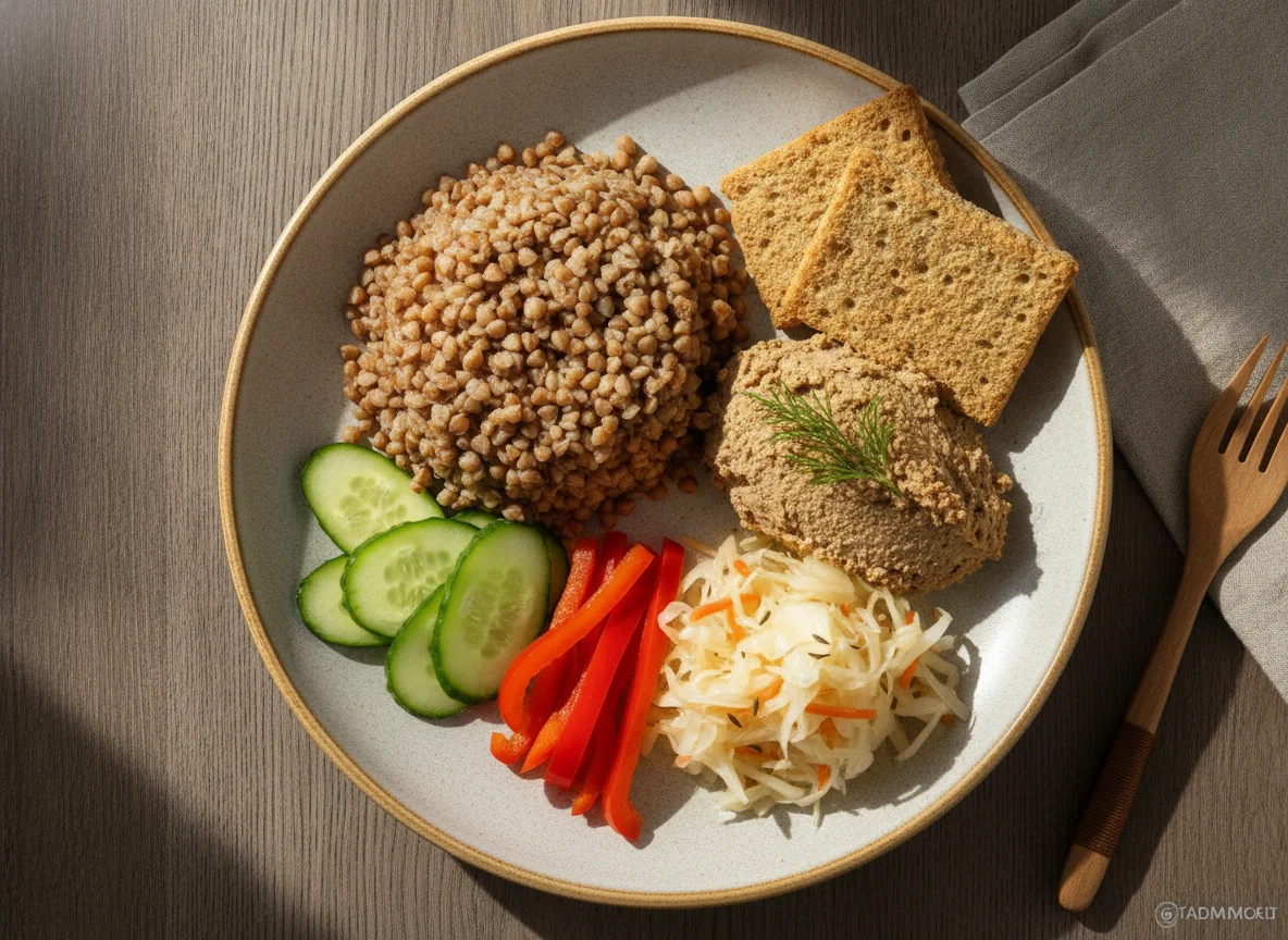 Гречка с паштетом и овощами photo