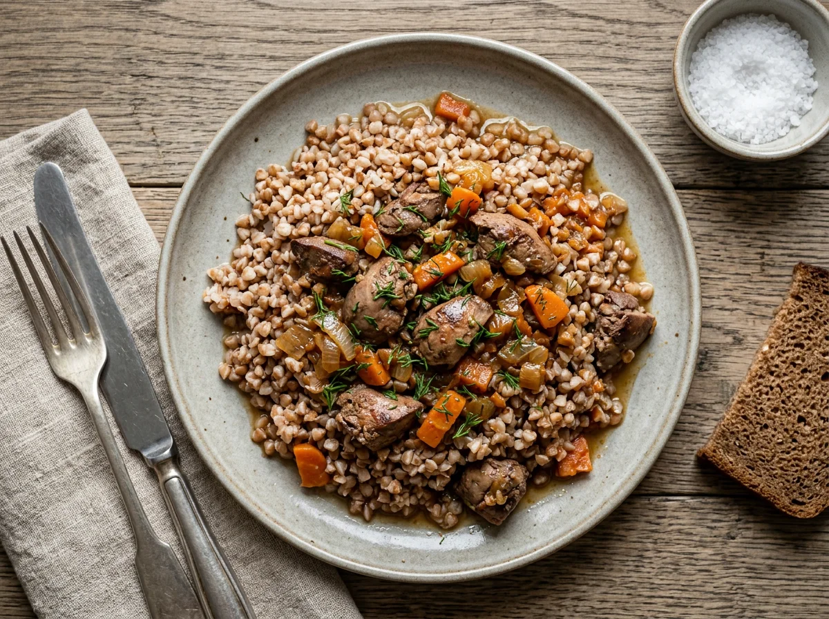 Гречка с печенью и овощами photo