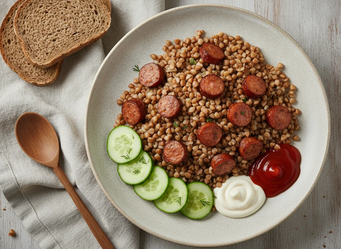 Гречка с полукопченой колбасой, огурцами и соусами photo