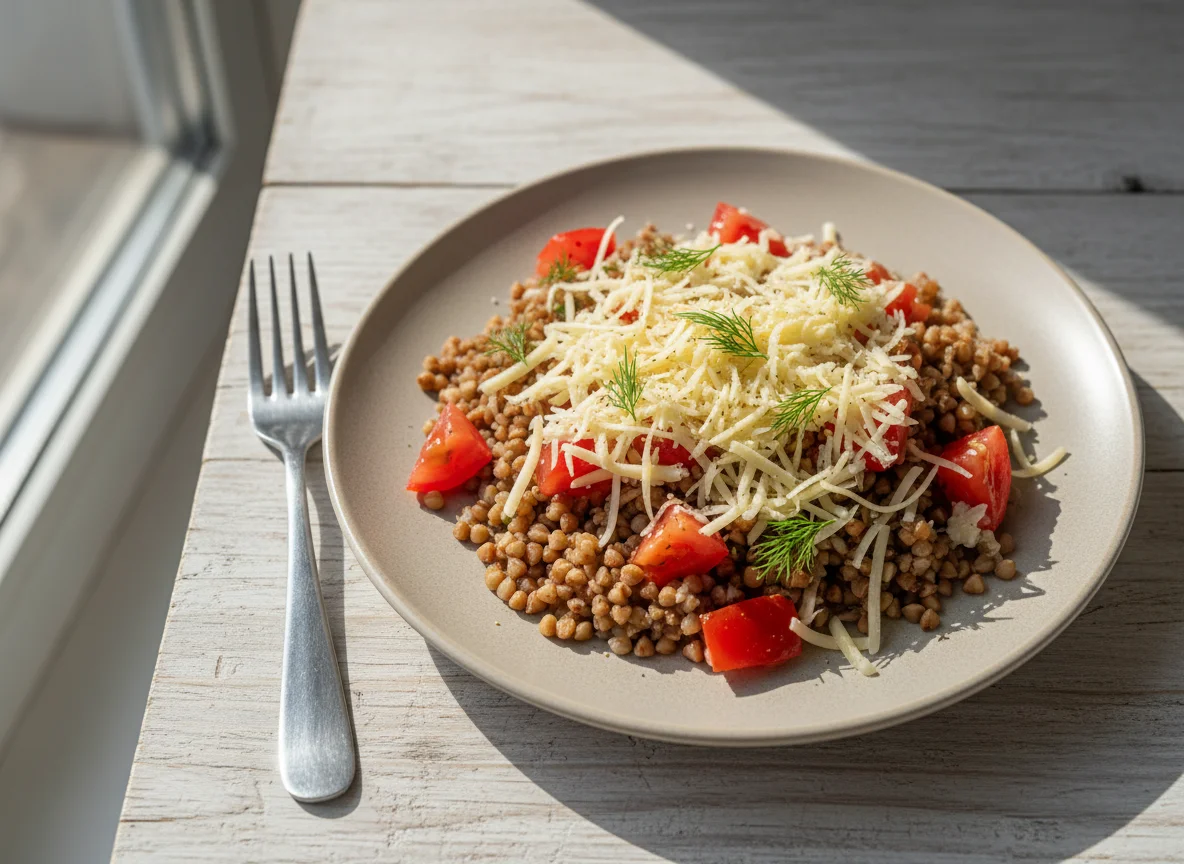 Гречка с помидорами и сыром photo