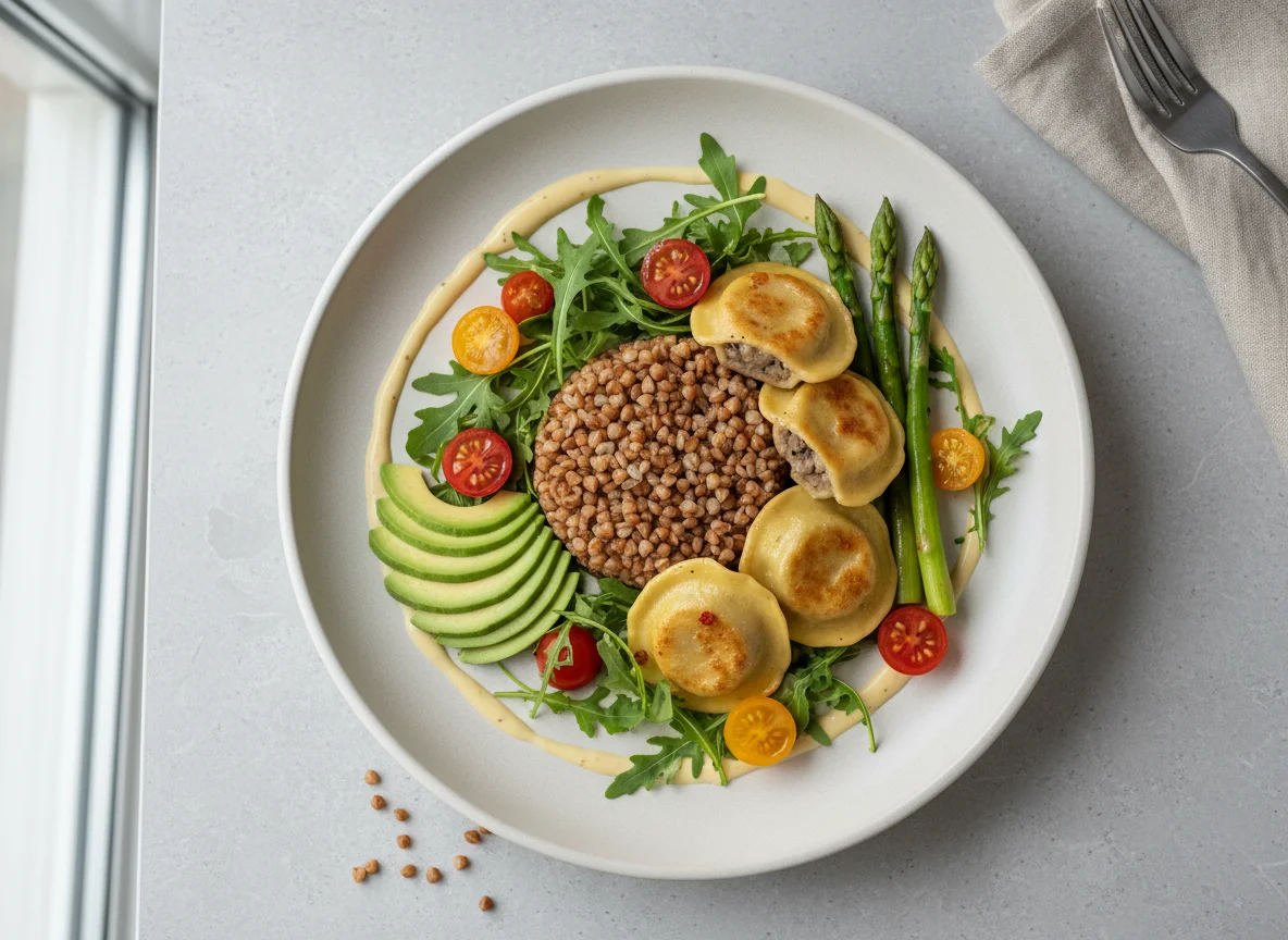 Гречка с равиоли, салатом из рукколы и спаржей photo