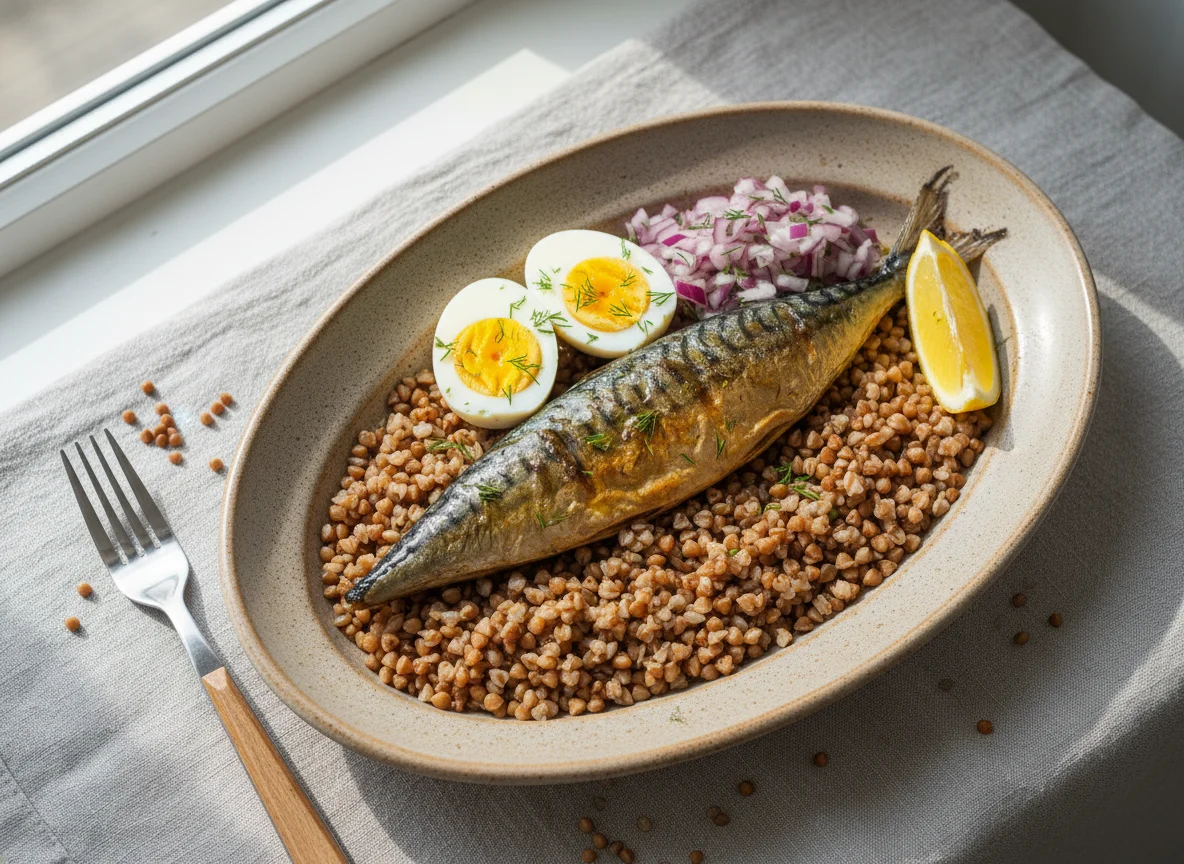 Гречка с рыбой и яйцом photo