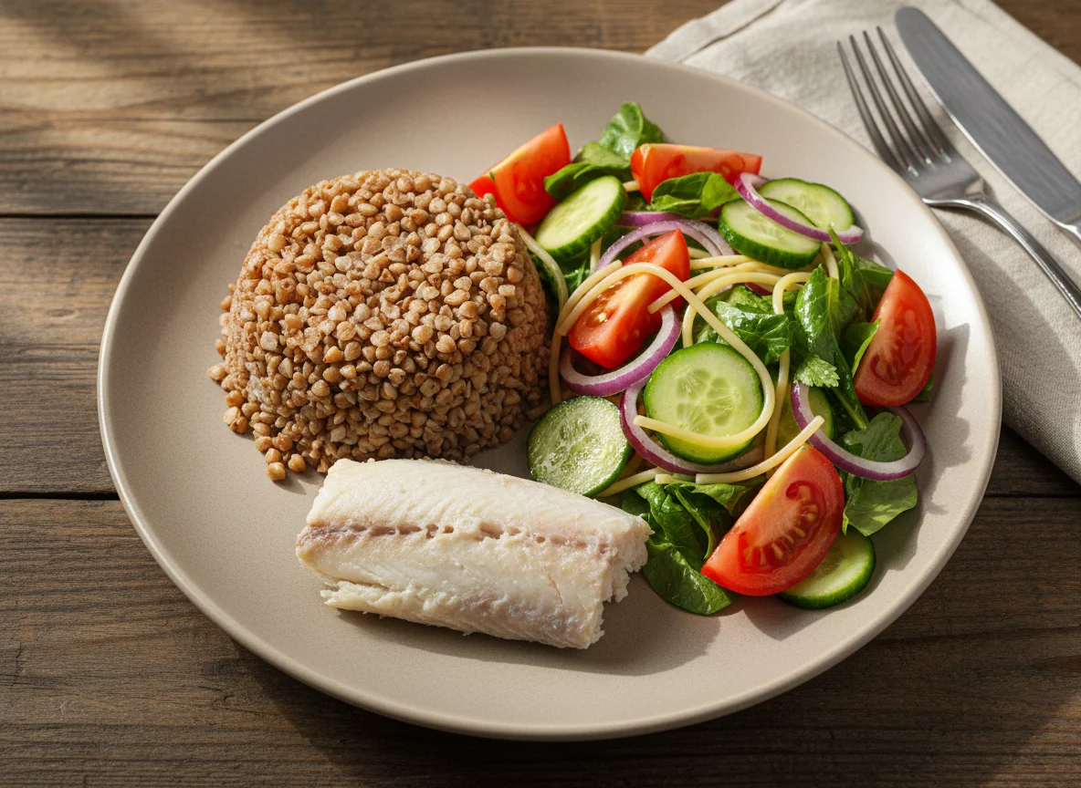 Гречка с рыбой и овощной салат photo