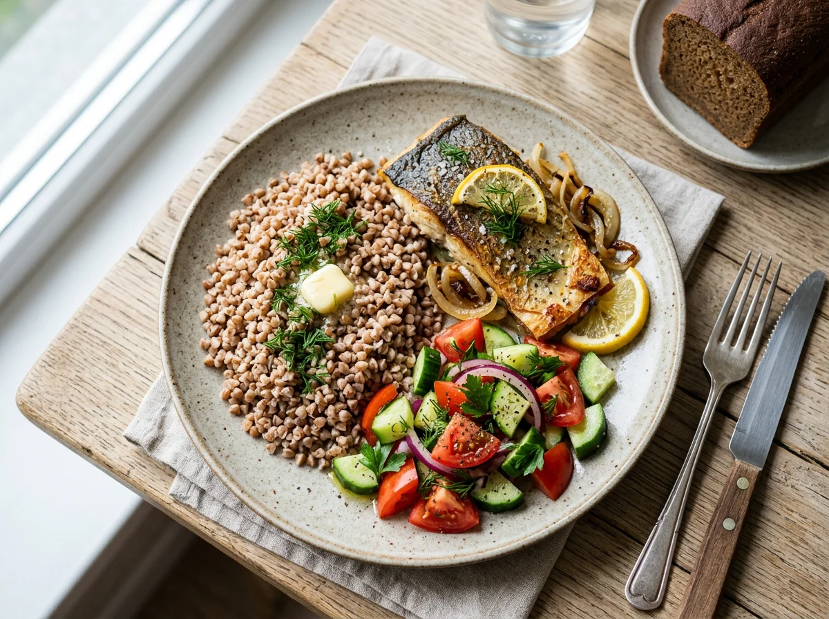 Гречка с рыбой и овощным салатом photo