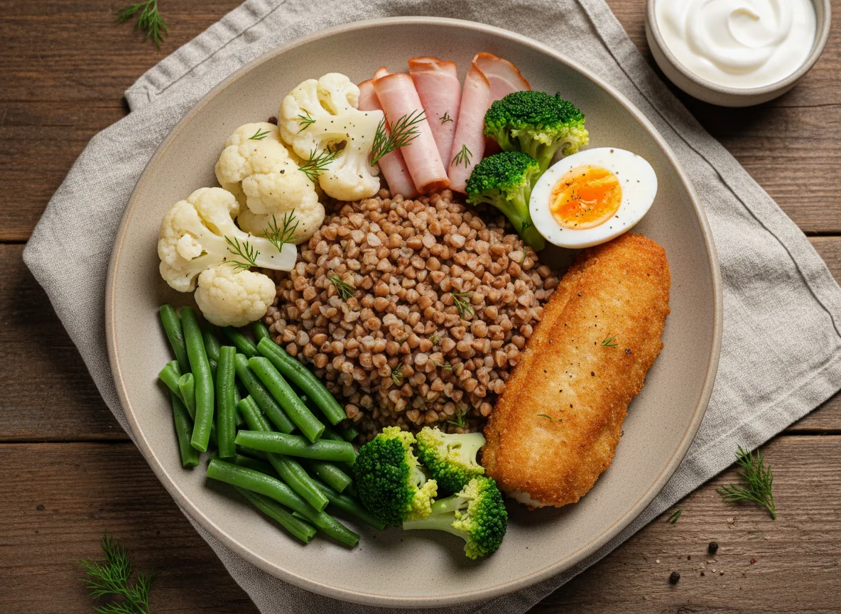 Гречка с рыбой, овощами, яйцом и ветчиной photo