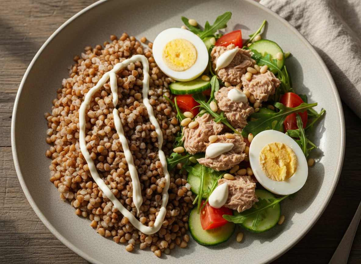 Гречка с салатом из тунца и овощей и яйцами photo