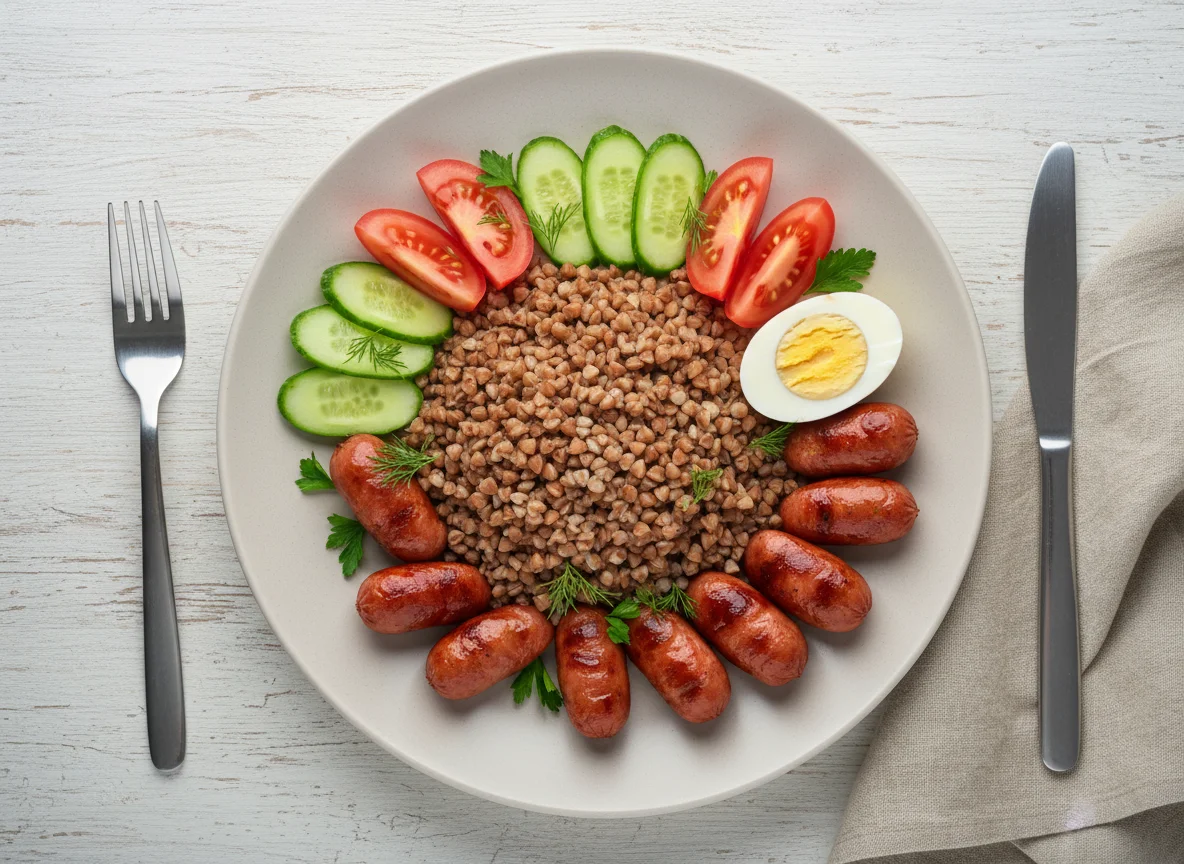 Гречка с сосисками, яйцом и овощами photo