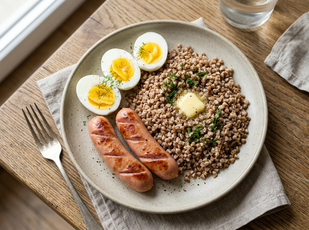 Гречка с сосисками и яйцами photo