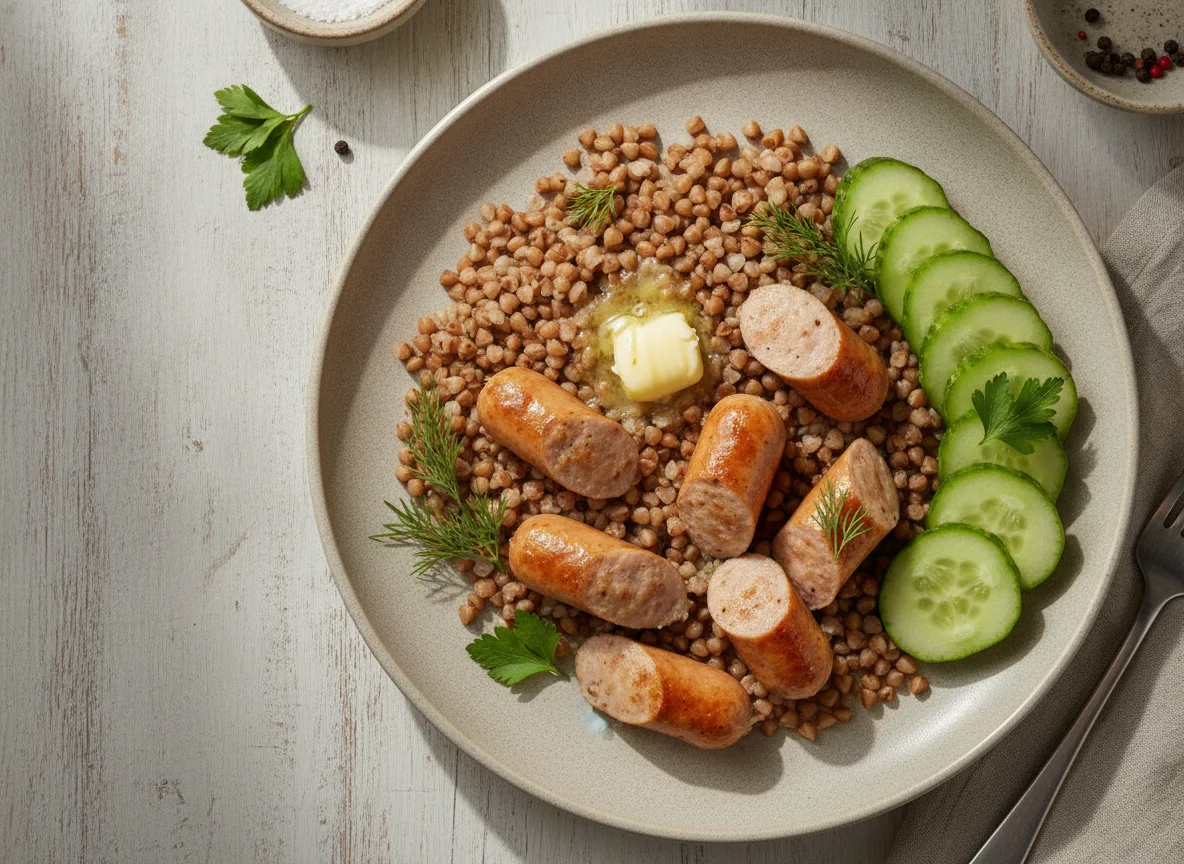 Гречка с сосисками и огурцом photo