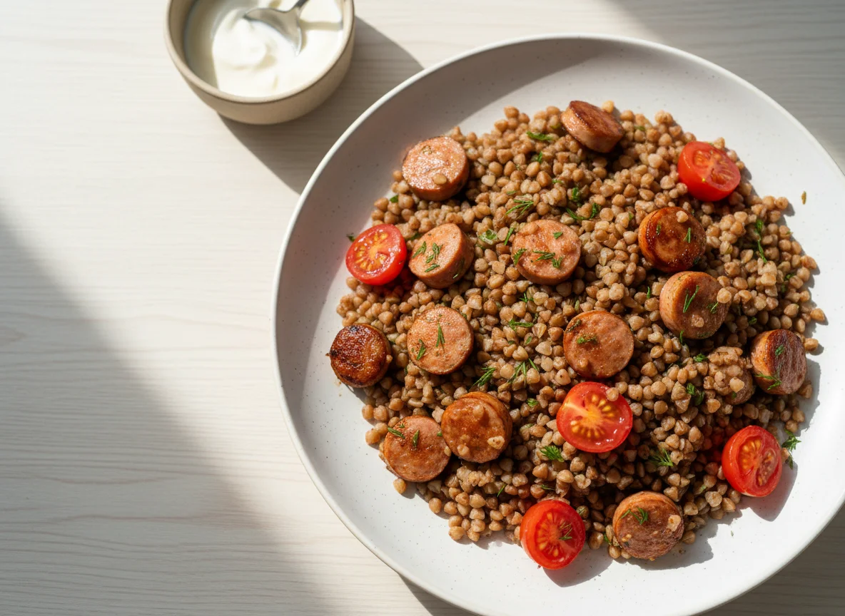 Гречка с сосисками и помидорами photo