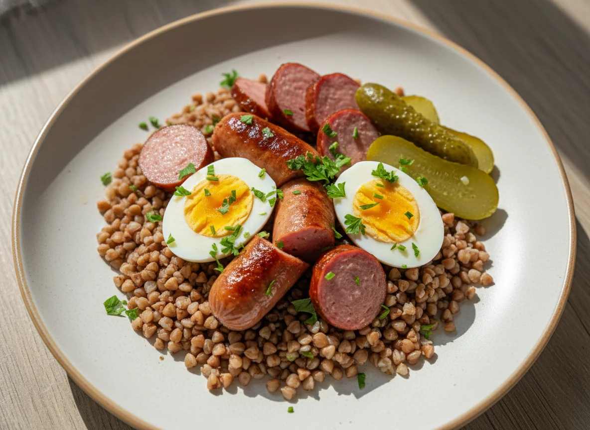 Гречка с сосисками, колбасой, яйцами и огурцами photo