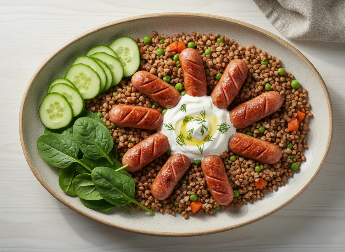 Гречка с сосисками, огурцами и шпинатом photo