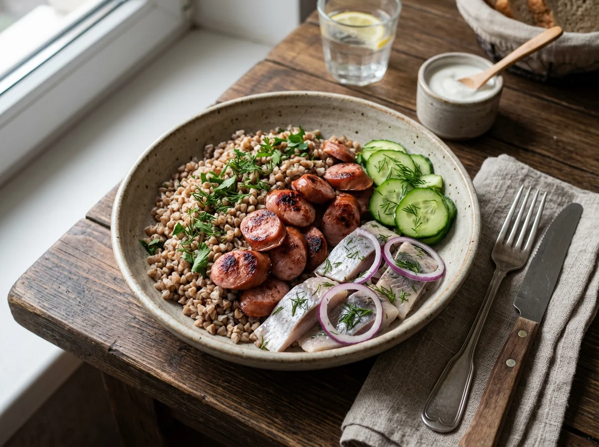 Гречка с сосисками, рыбой и огурцами photo