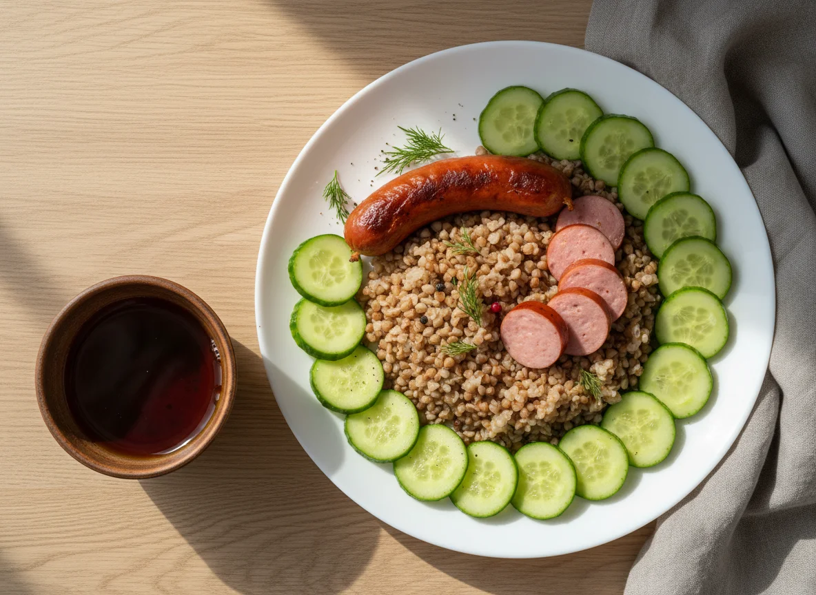 Гречка с сосиской и огурцами photo