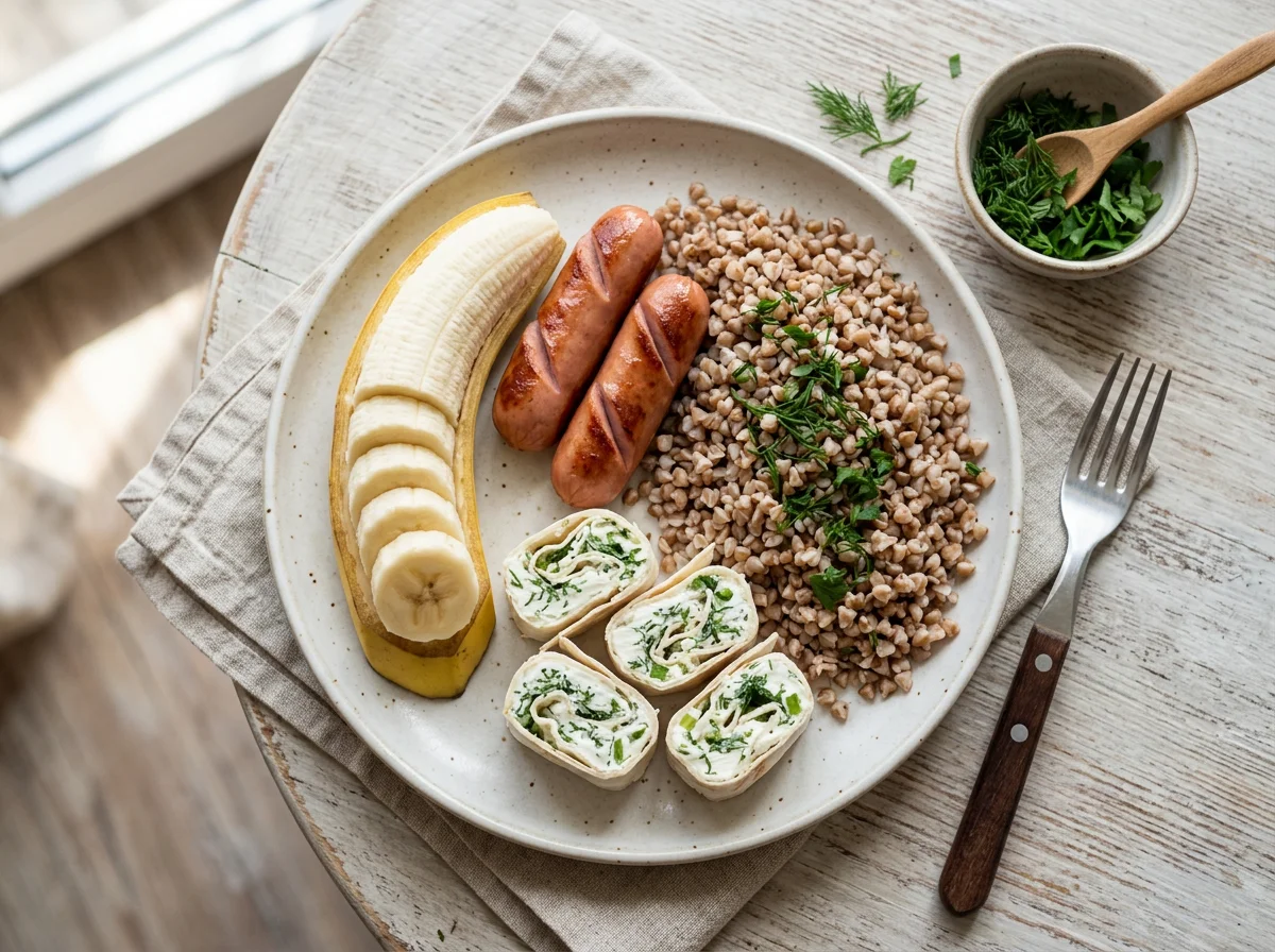 Гречка с сосиской, лаваш с творожным сыром и банан photo