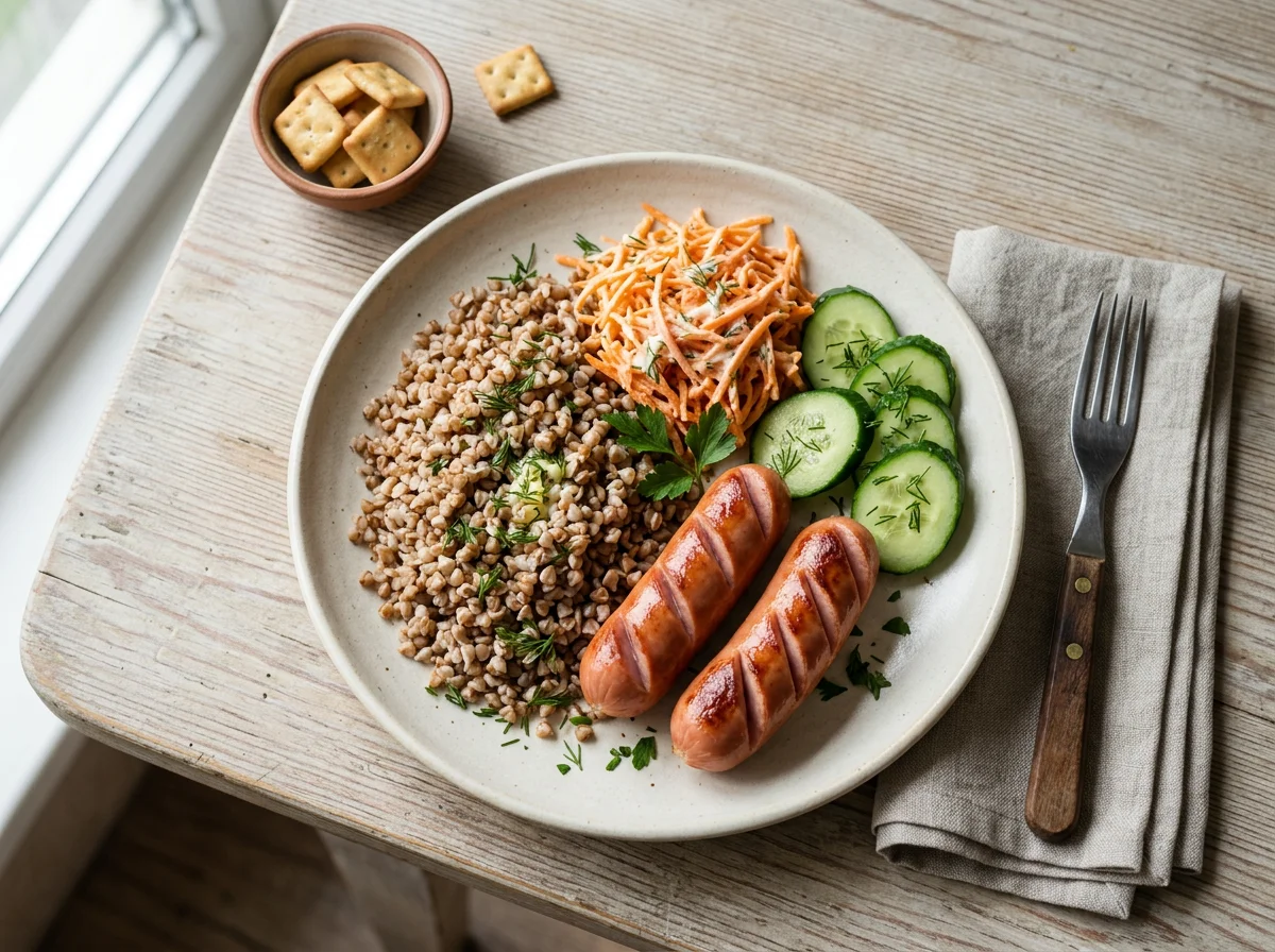 Гречка с сосиской, огурцами и морковным салатом photo