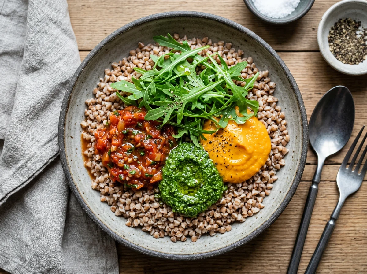 Гречка с соусами и рукколой photo