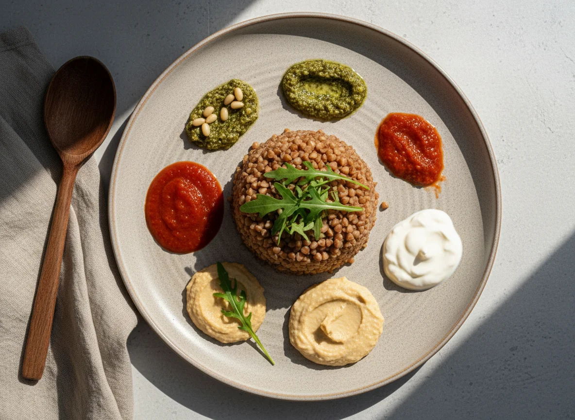 Гречка с соусами и руколой photo