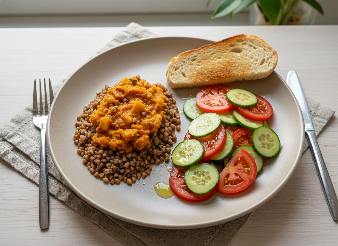 Гречка с соусом, овощным салатом и тостом photo