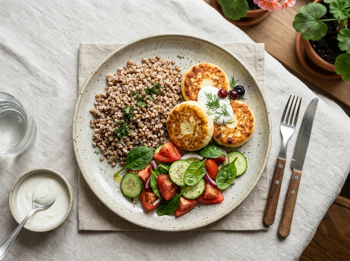 Гречка с сырниками и овощным салатом photo