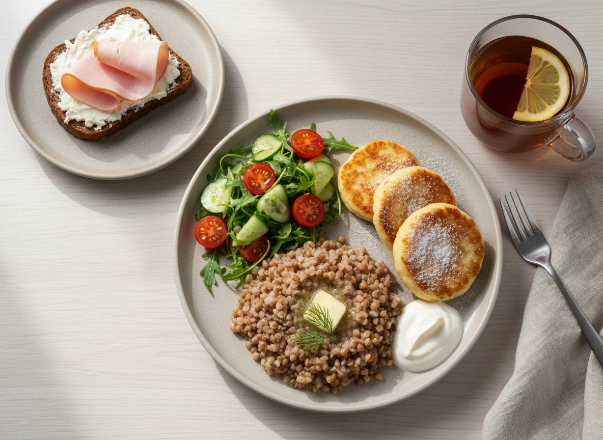 Гречка с сырниками, овощным салатом и бутербродом с ветчиной photo