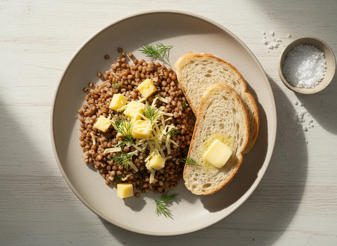 Гречка с сыром и хлебом photo