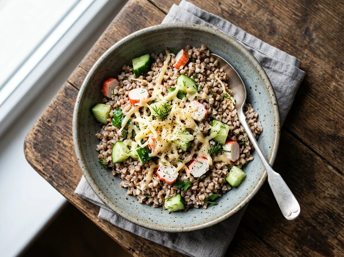 Гречка с сыром, огурцами и крабовыми палочками photo